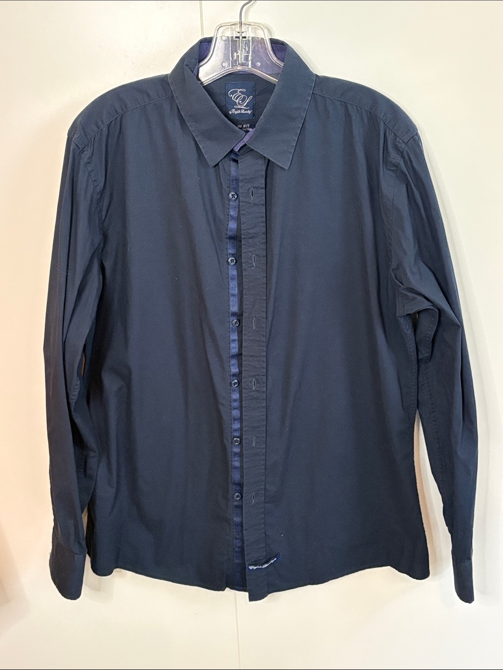 English Laundry Men's Navy Button-Front Dress Shirt 16 34/35